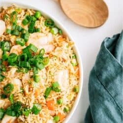 A bowl of Shrimp Fried Rice topped with green onions and a wooden spoon on the side.