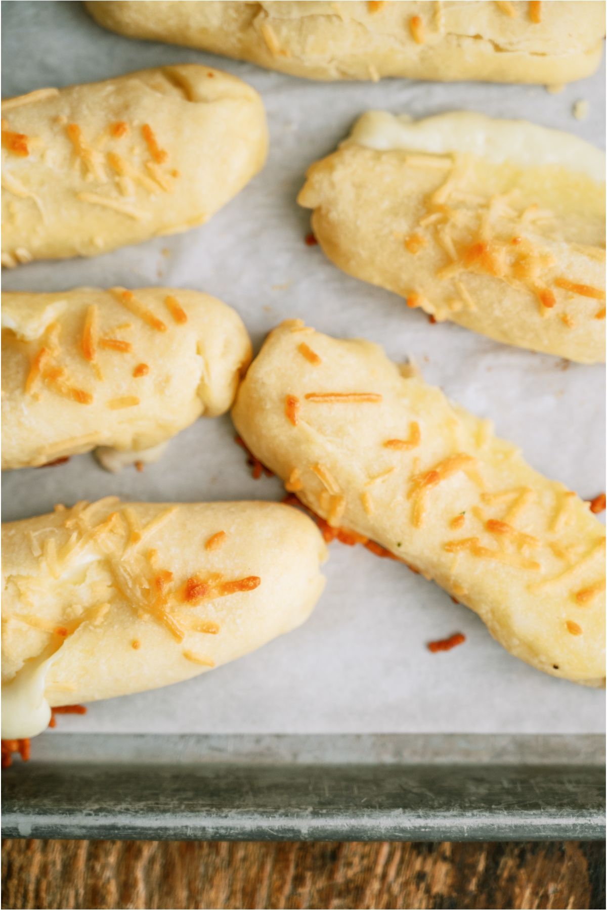 Top view of Copycat Bosco Sticks on a baking sheet lined with parchment paper.
