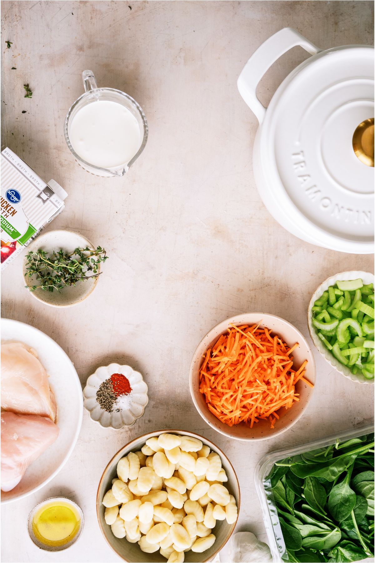 Ingredients needed to make Creamy Chicken Gnocchi Soup.
