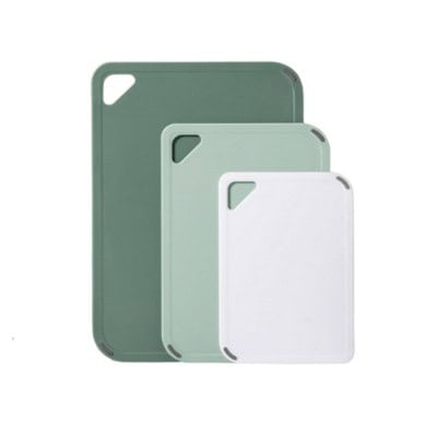 three upright, staggered stacked boards in varying sizes