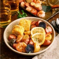 A serving of Sheet Pan Shrimp Boil in a bowl.