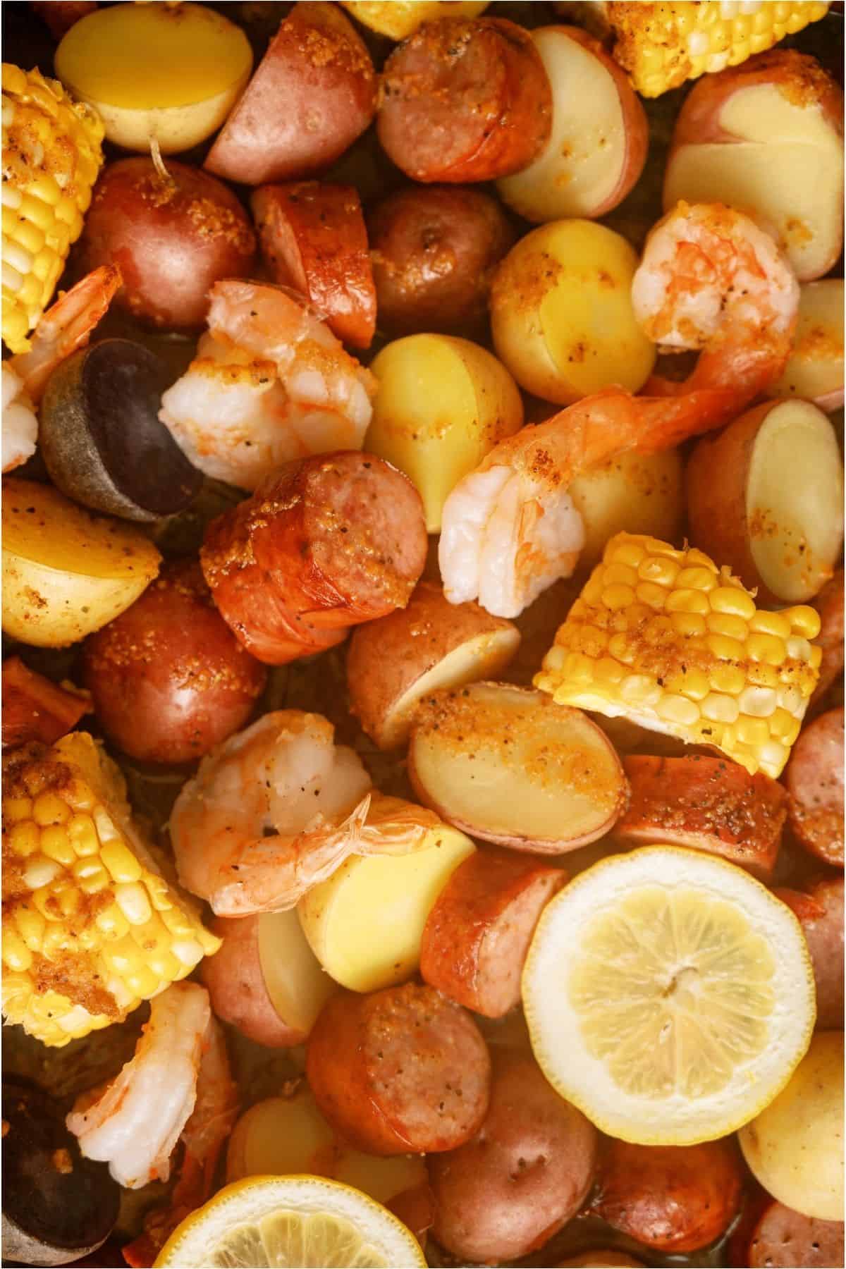 Top view of Sheet Pan Shrimp Boil.