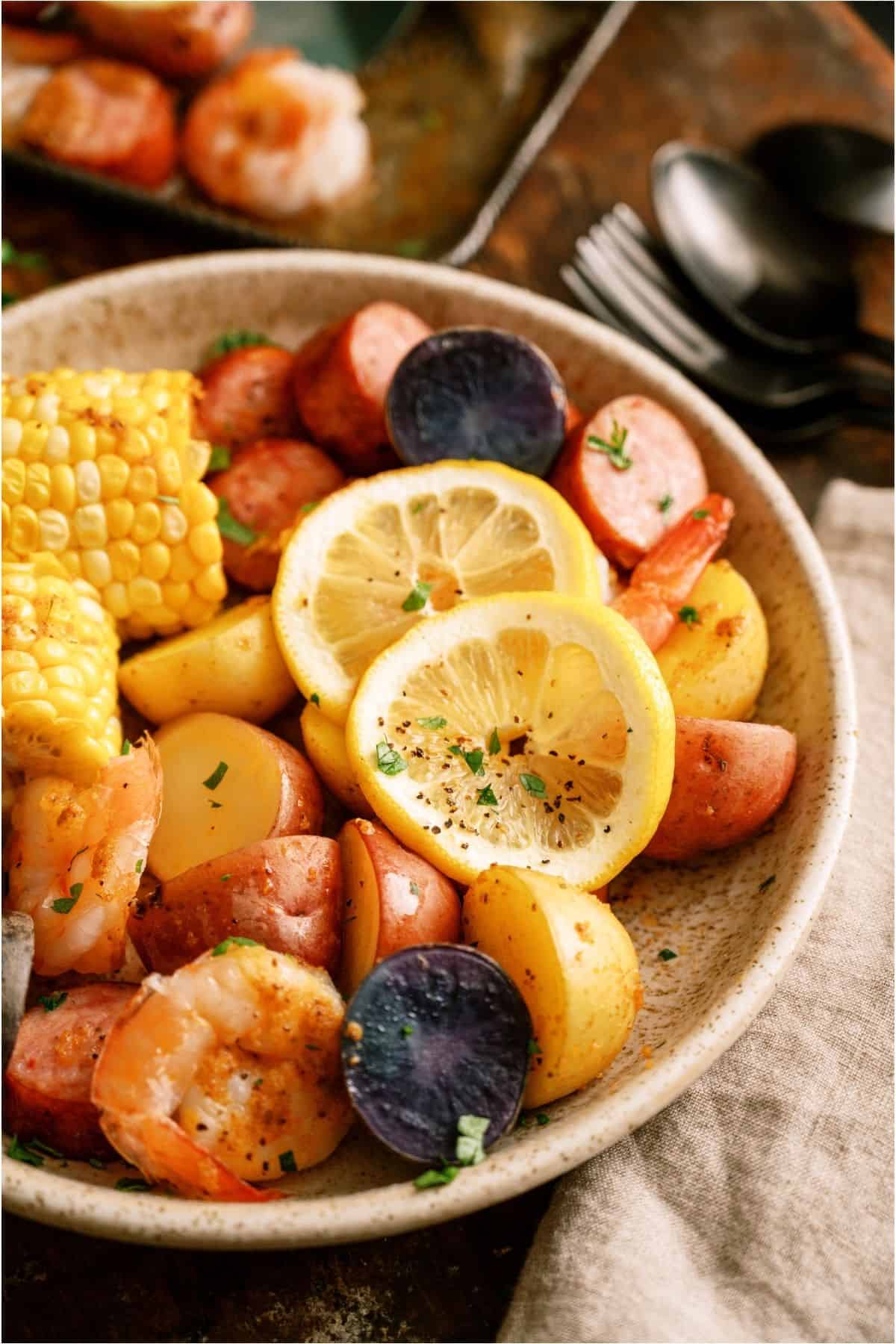 A serving of Sheet Pan Shrimp Boil in a bowl.