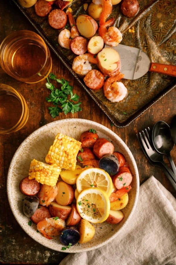 A serving of Sheet Pan Shrimp Boil in a bowl.