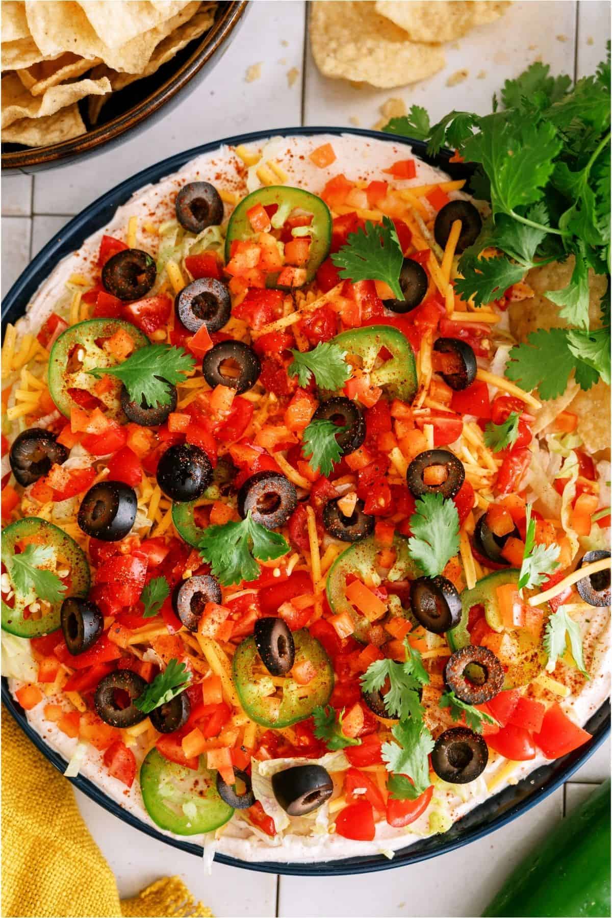 Close up of a platter of Easy Taco Dip.