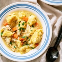 A bowl of 20-Minute Chicken and Dumplings soup with a spoon on the side.