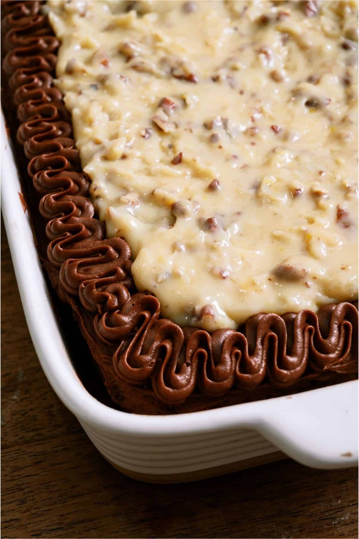 Close up of Homemade German Chocolate Cake in a baking dish.