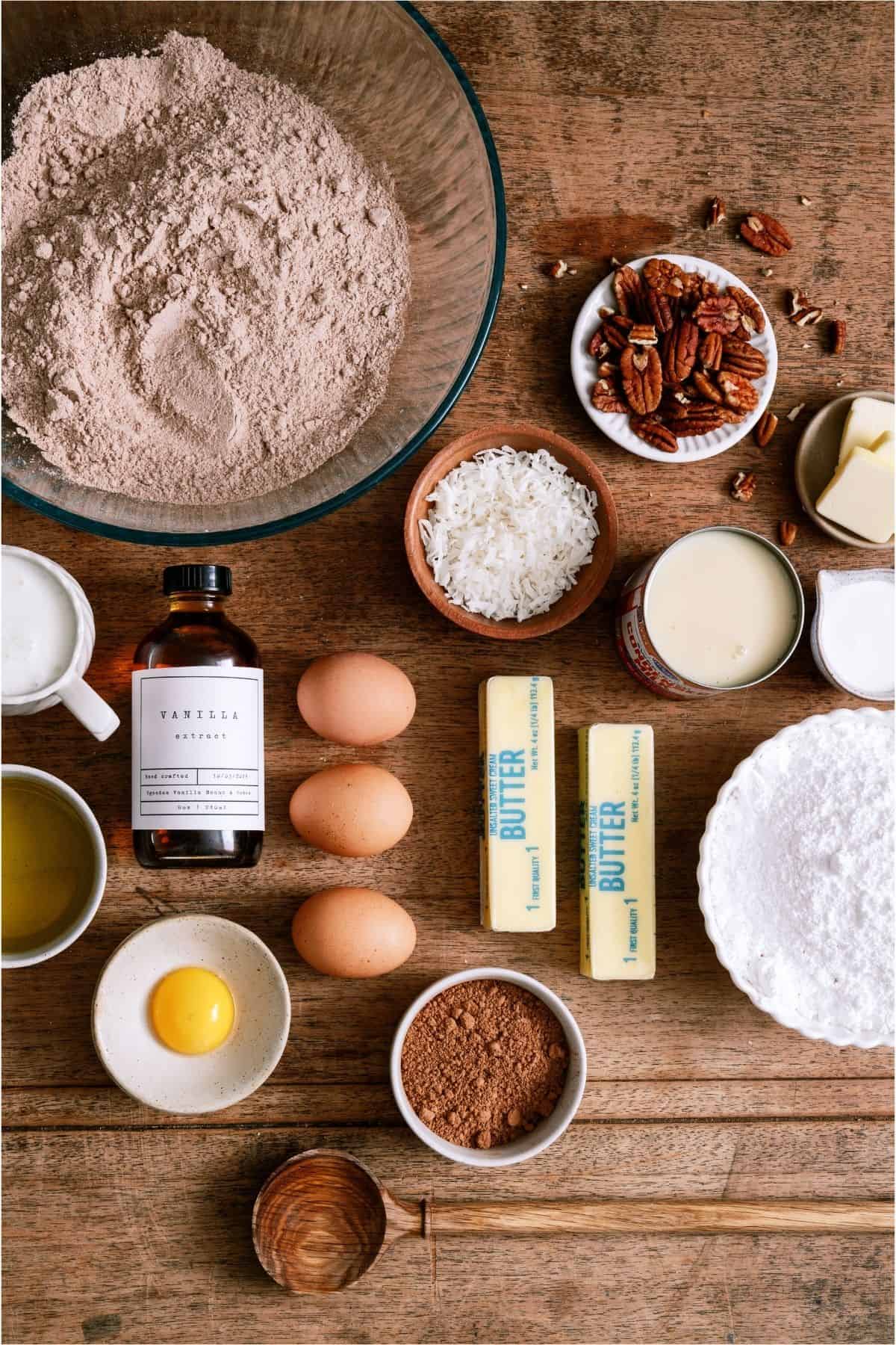 Ingredients needed to make Homemade German Chocolate Cake.
