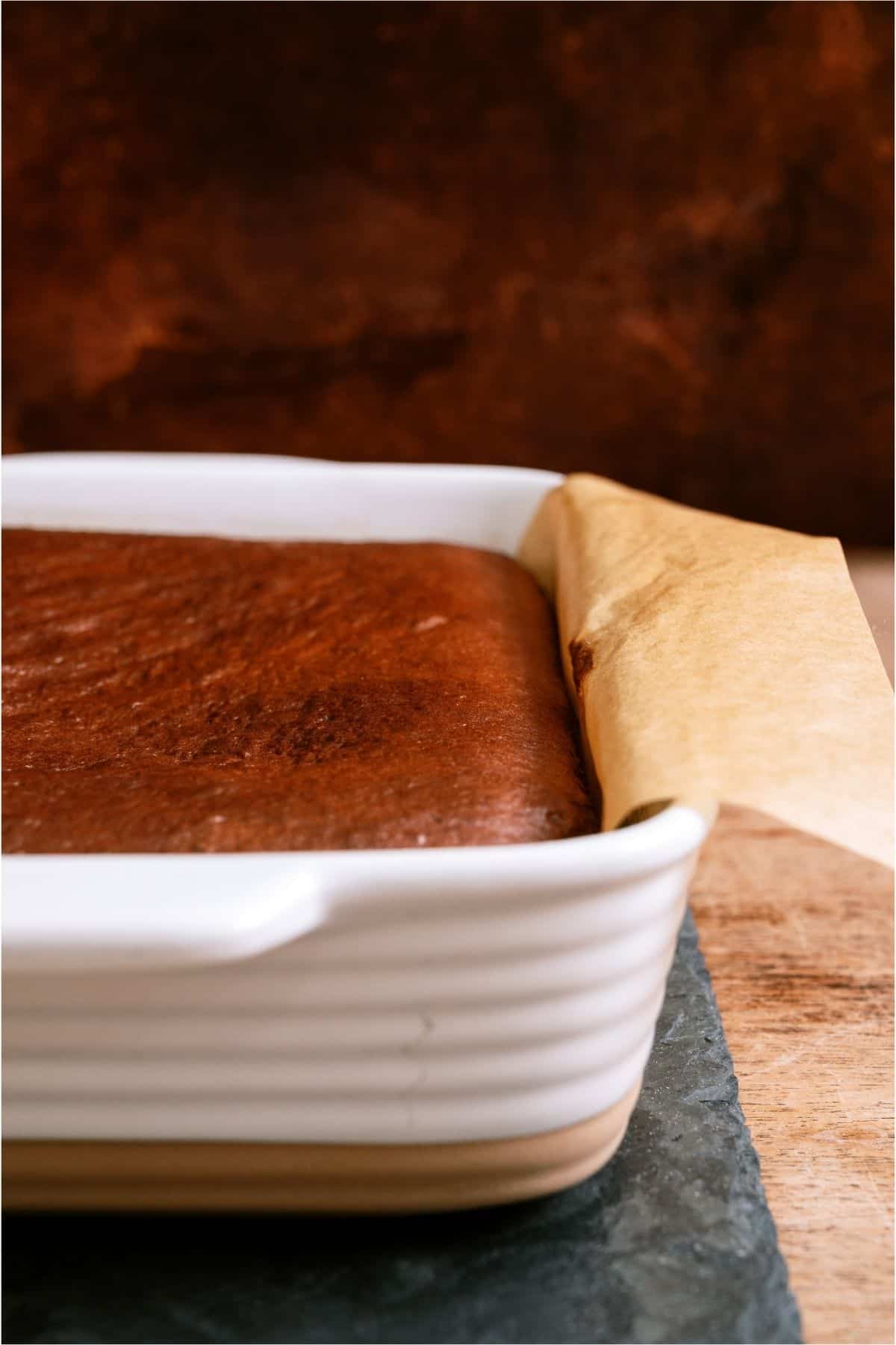 Baked German Chocolate Cake in a baking dish.
