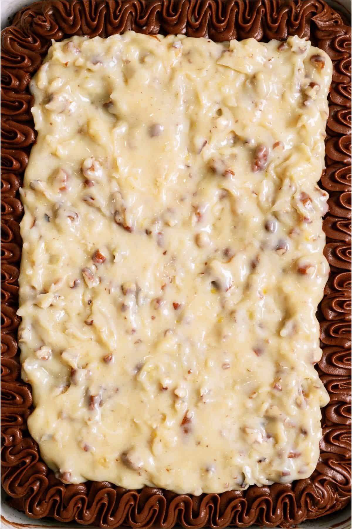 Top view of frosted Homemade German Chocolate Cake.