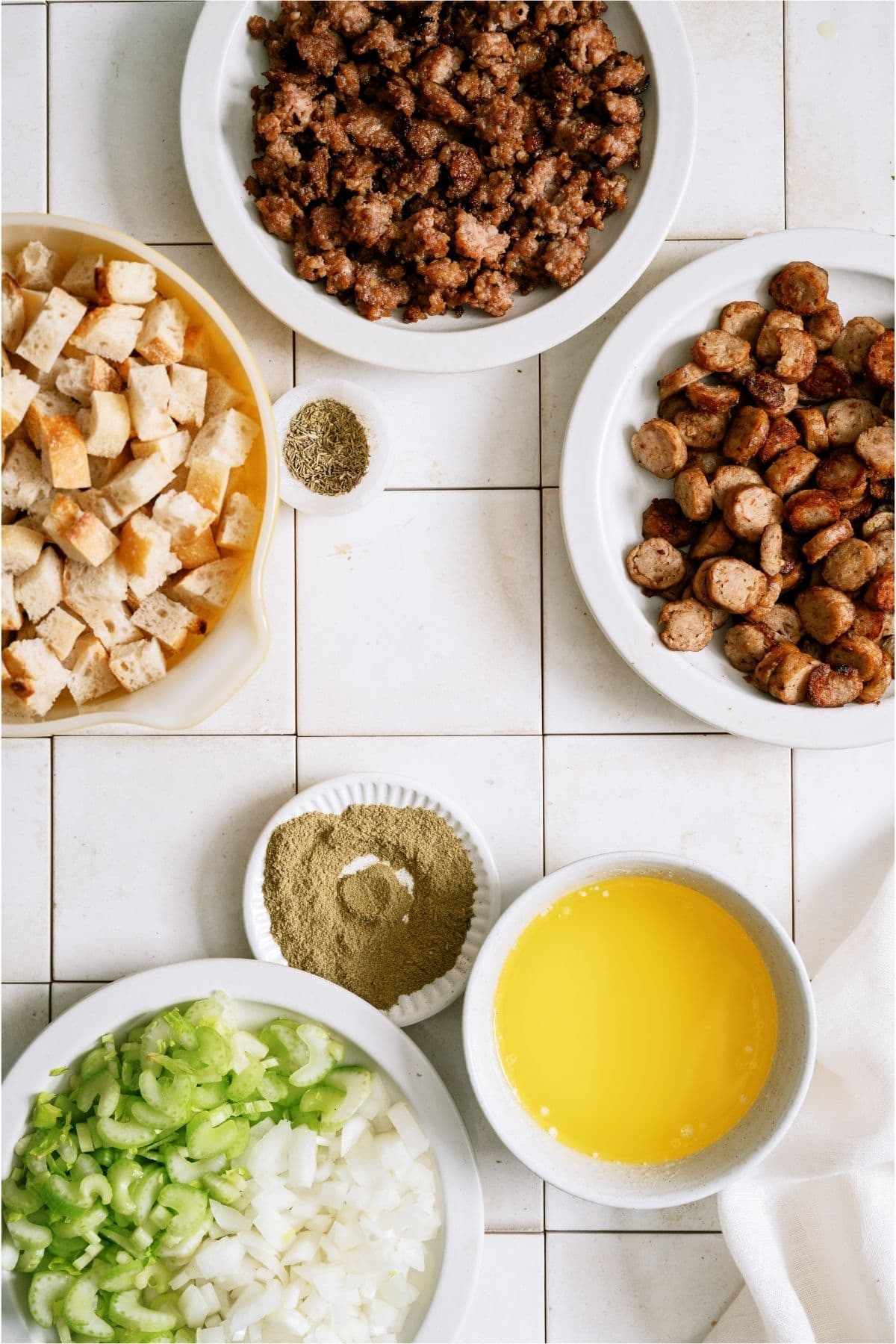 Ingredients needed to make Easy Sausage & Herb Stuffing.