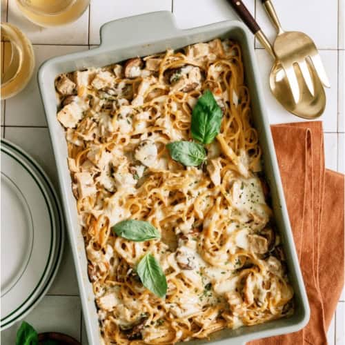 Homemade Turkey Tetrazzini in a casserole dish.