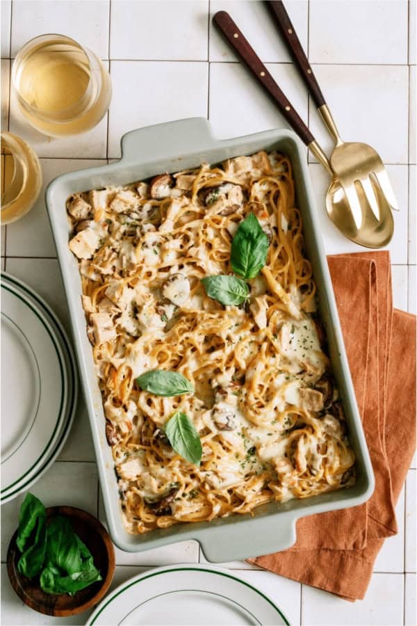 Homemade Turkey Tetrazzini in a casserole dish.