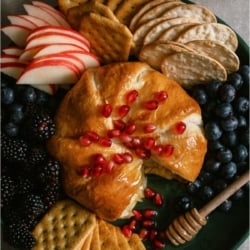 Baked Brie on a plate surrounded by fruit and crackers.