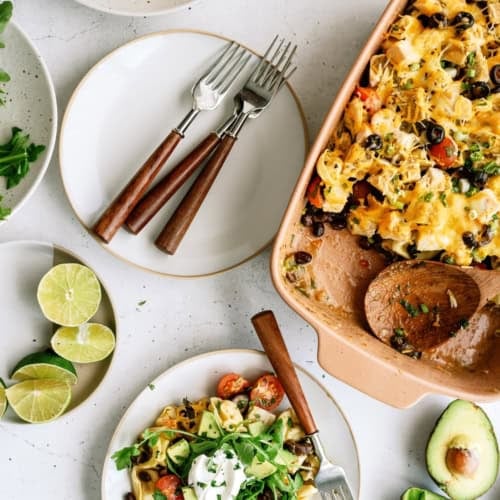 Turkey Mexican casserole in a dish along with a serving on a plate