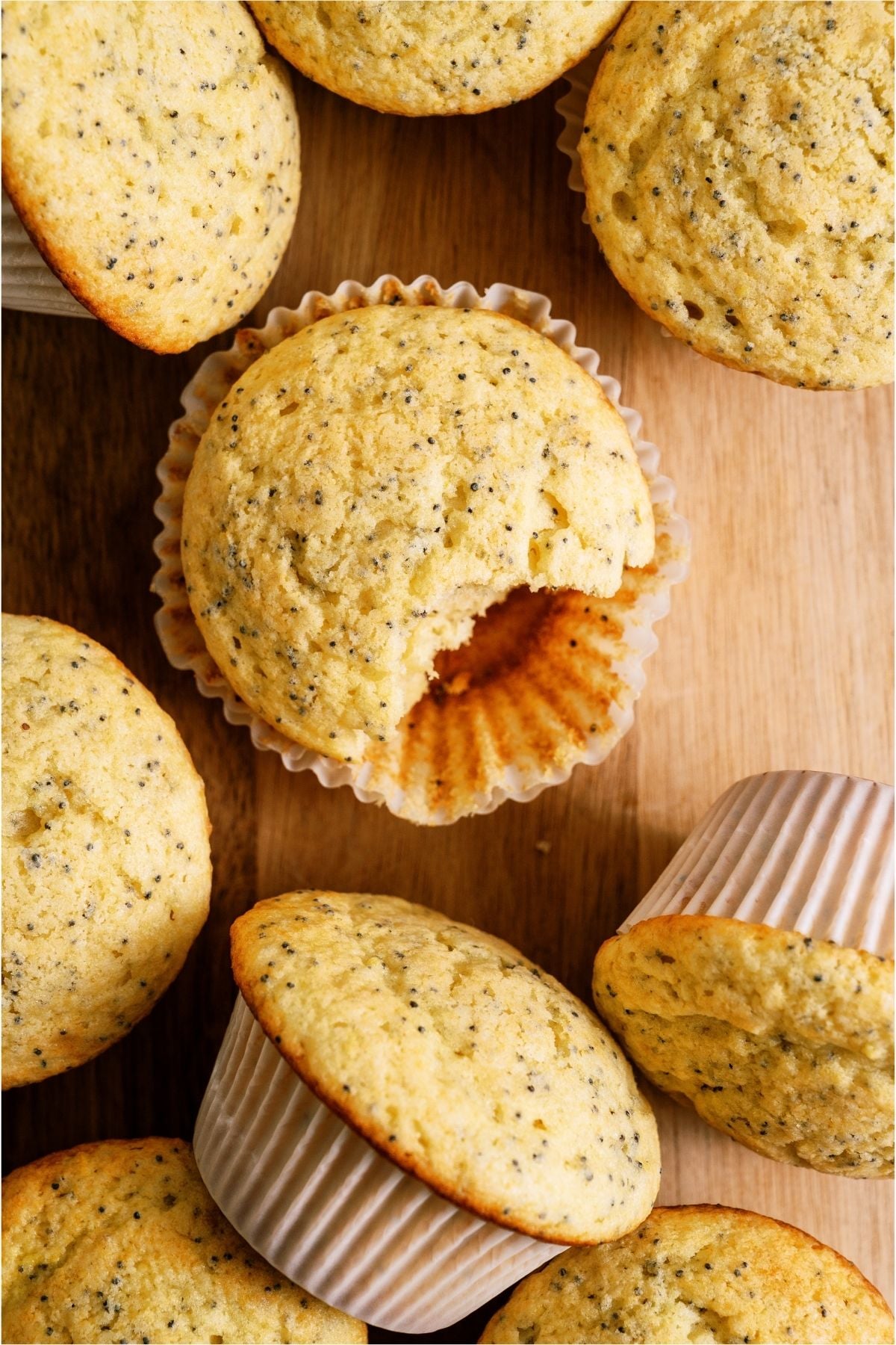 Top view of some Almond Poppy Seed Muffins with one missing a bite.