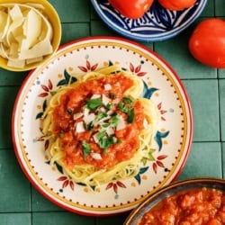 A plate of spaghetti topped with tomato sauce and parsley, surrounded by fresh tomatoes, a bowl of grated cheese, and extra sauce on a green tiled surface.