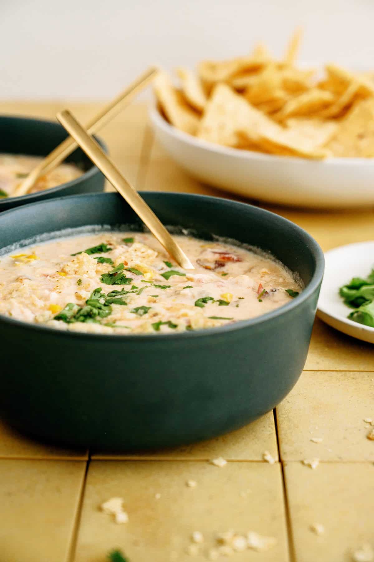 A bowl of creamy dip topped with chopped herbs, with tortilla chips in a dish and more herbs on a plate in the background.