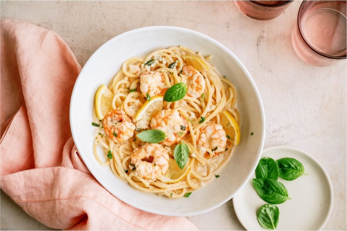 Top view of Lemon Garlic Shrimp Pasta in a bowl.