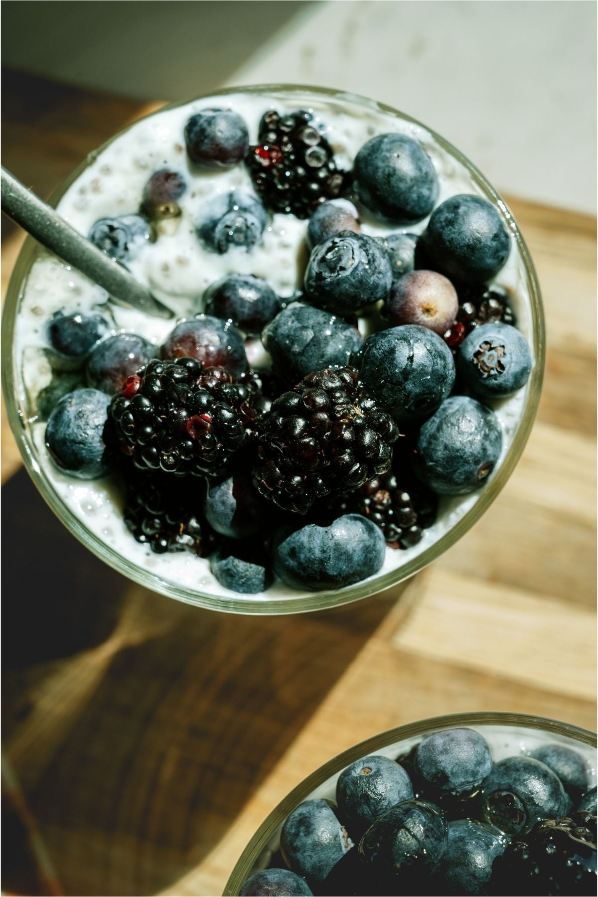 Top view of Overnight Chia Pudding in a glass.