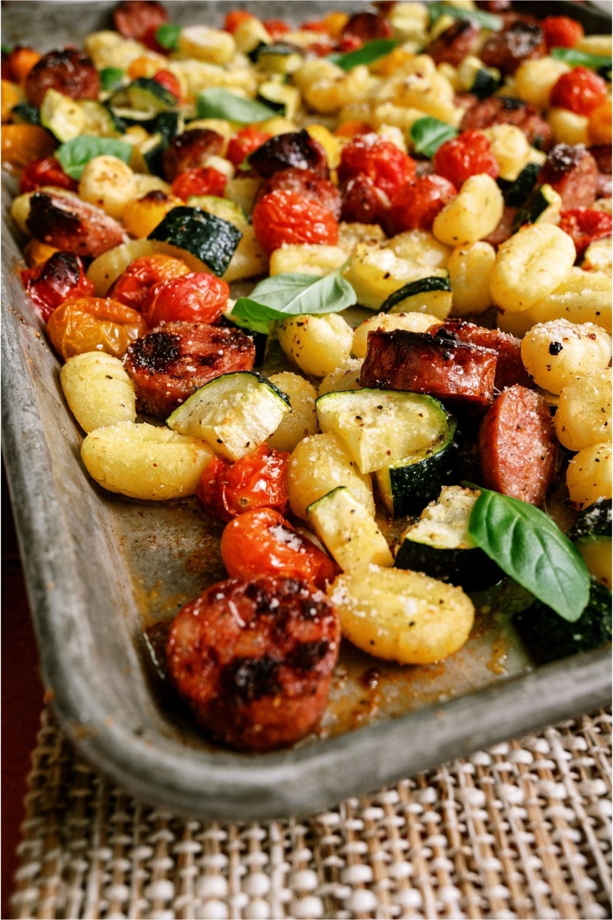 Close up of Sheet Pan Gnocchi and Chicken Sausage on a sheet pan.