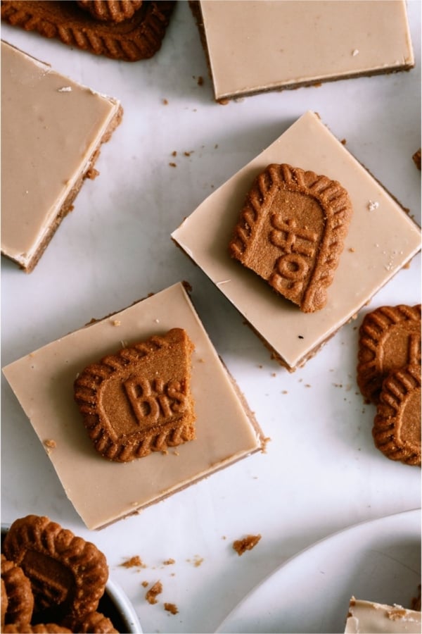 No Bake Biscoff Bars cut into squares with a broken biscoff cookie on top.