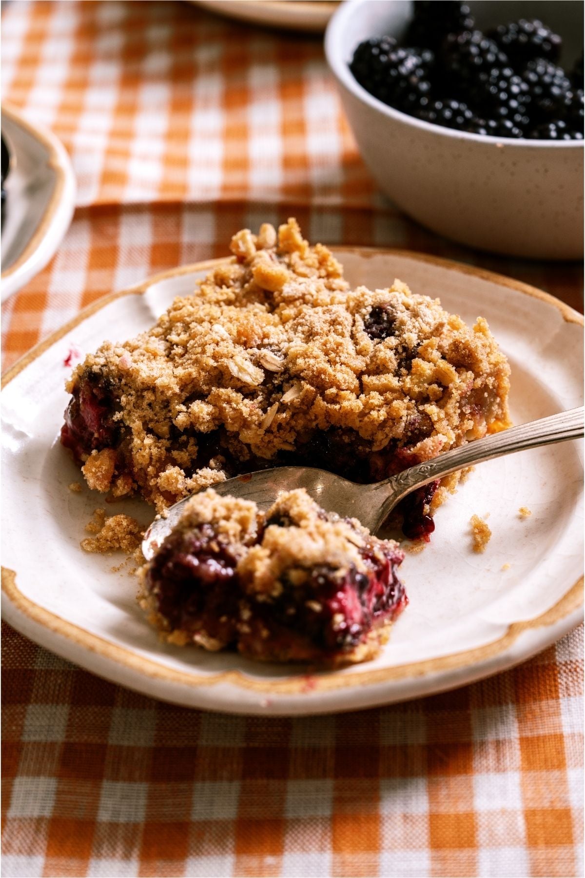A serving of Blackberry Crumble on a plate with a fork.