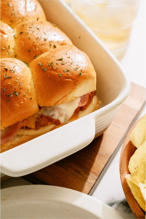 Top view of Chicken Cordon Bleu Sliders ib a baking dish.