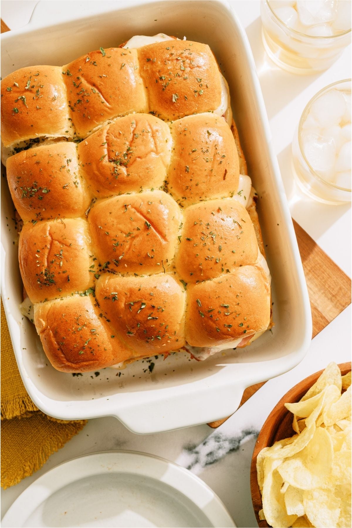 Chicken Cordon Bleu Sliders in baking dish.