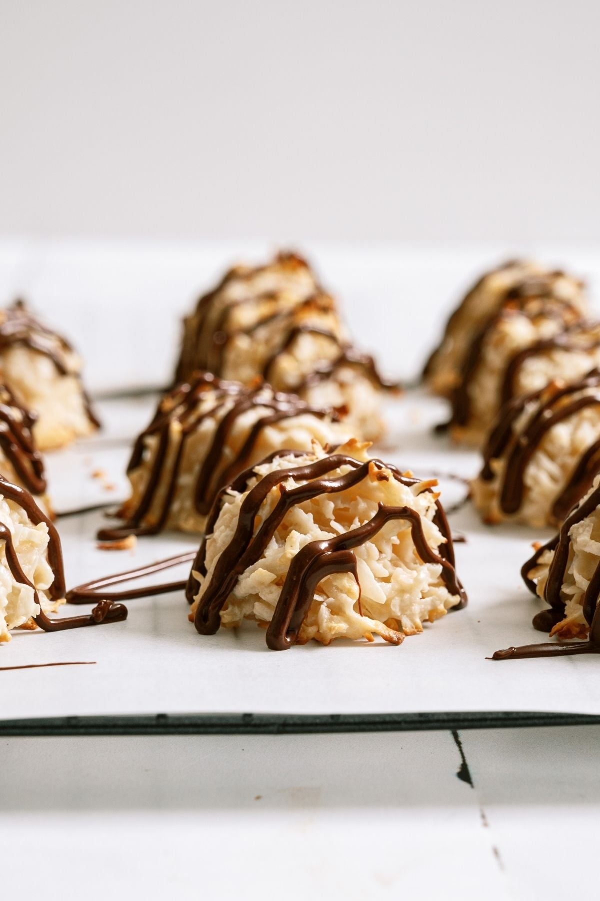 Side view of Easy Coconut Macaroons lined up on a white background.