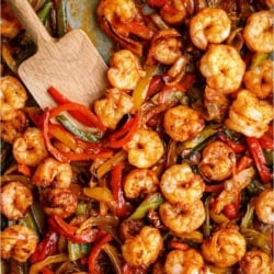 Top view of Sheet Pan Shrimp Fajitas on a sheet pan.