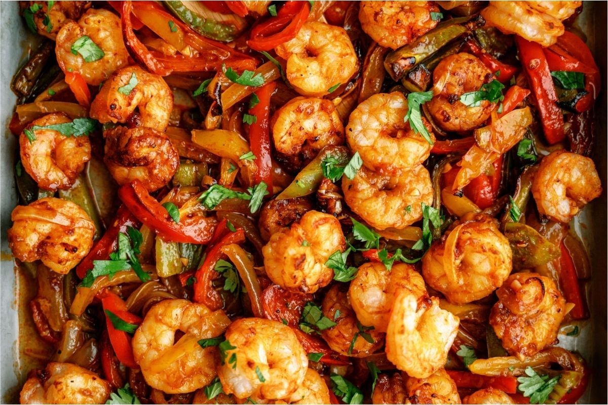 Close up of Sheet Pan Shrimp Fajitas on a sheet pan.