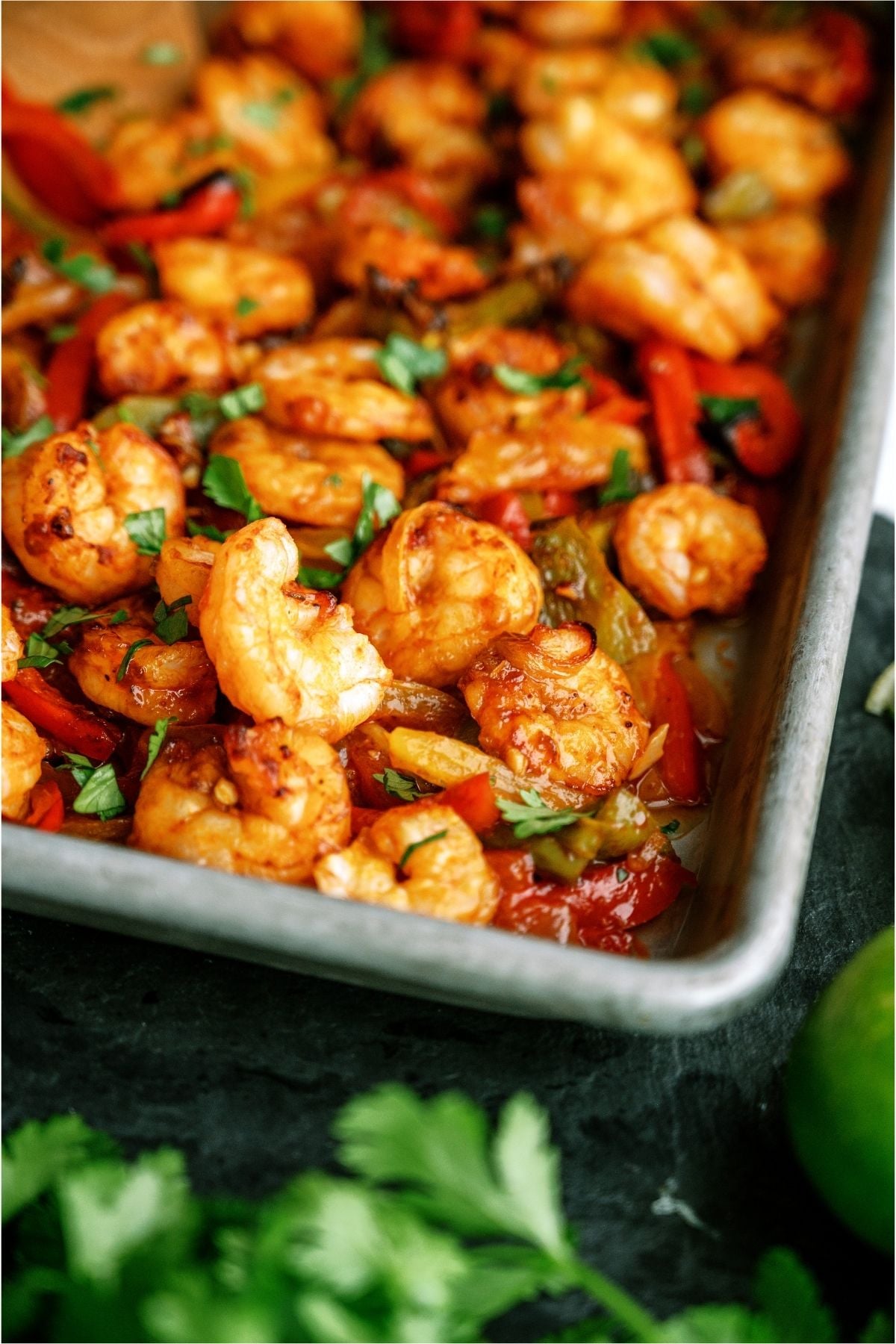 Sheet Pan Shrimp Fajitas on a sheet pan.