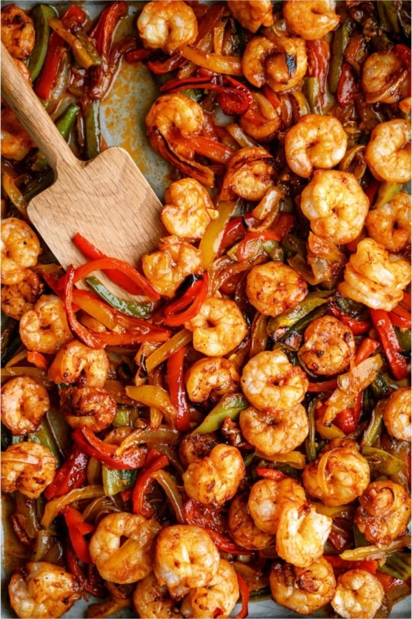 Top view of Sheet Pan Shrimp Fajitas on a sheet pan.