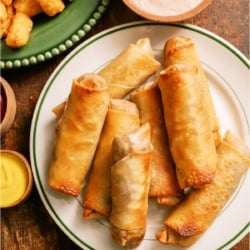 Top view of a plate of Cheeseburger Egg Rolls with dipping sauce and tater tots on the side.