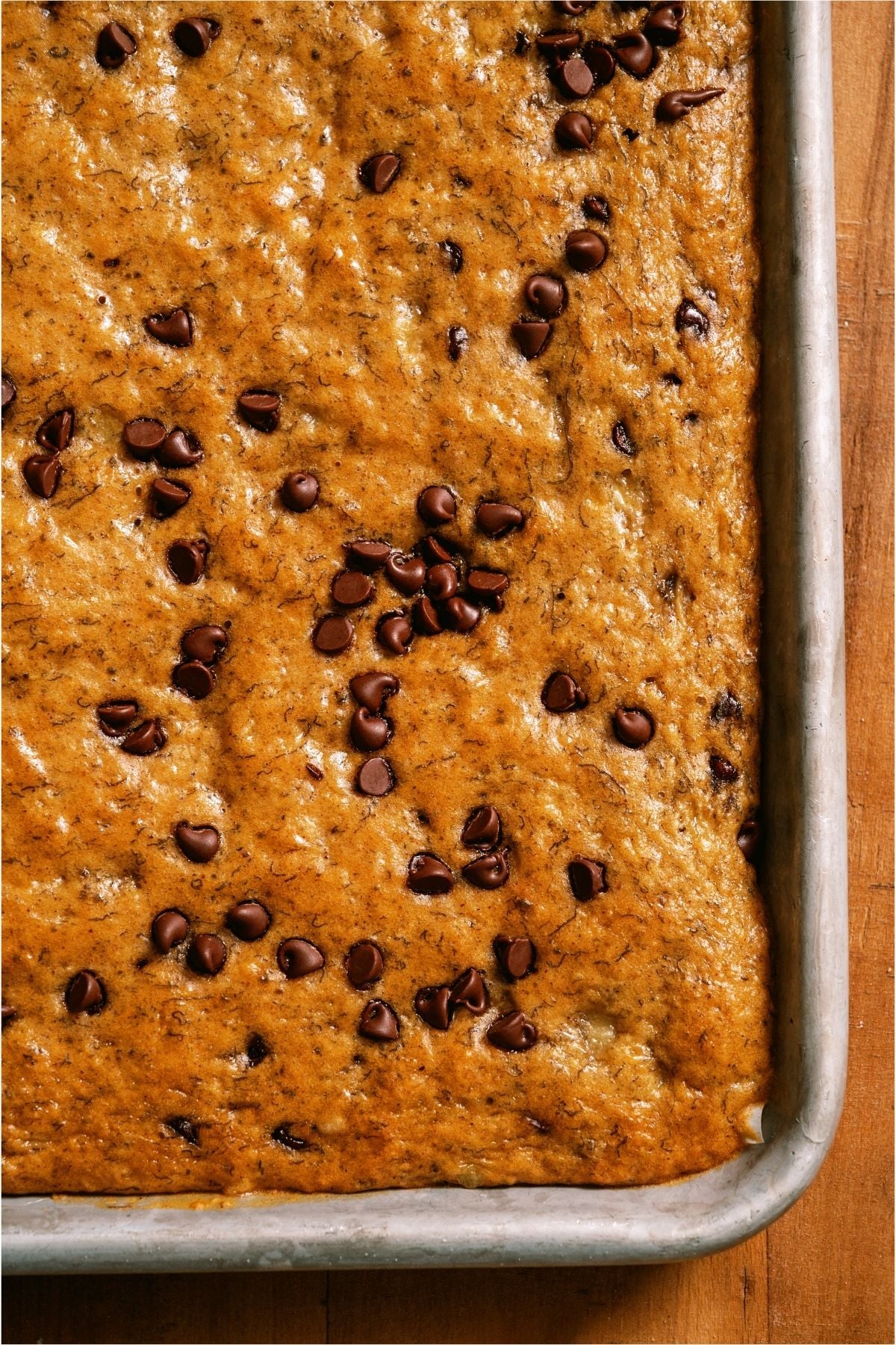 Healthier Banana Sheet Cake in a sheet pan.