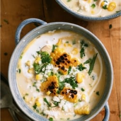 Top view of a bowl of Slow Cooker Street Corn Soup.