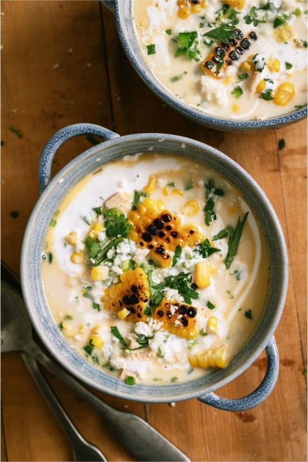Top view of a bowl of Slow Cooker Street Corn Soup.