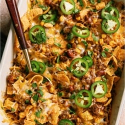 Top view of Frito Pie in a casserole dish.