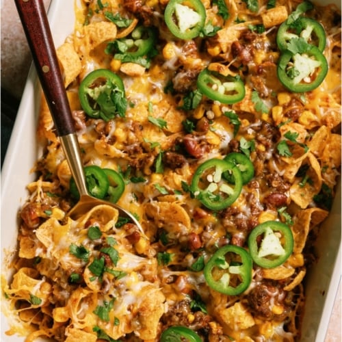 Top view of Frito Pie in a casserole dish.