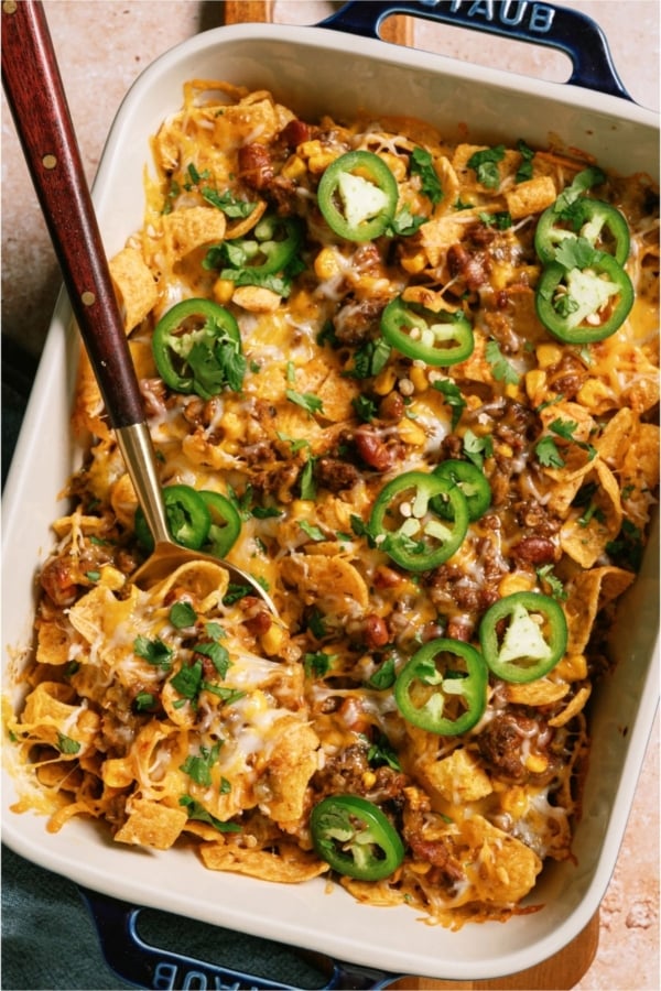 Top view of Frito Pie in a casserole dish.