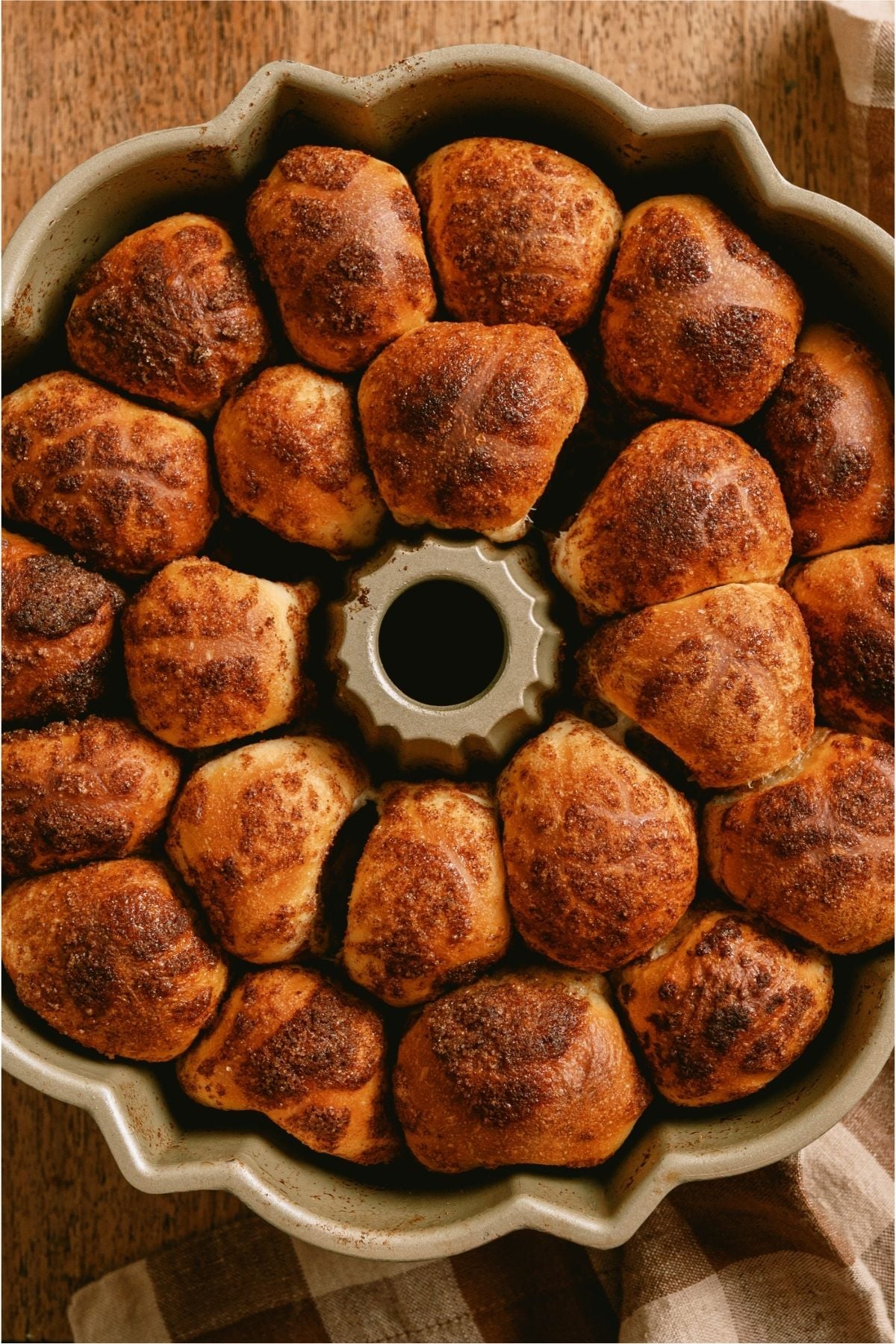 Top view of Mom’s Cinnamon Pull Apart Bread in a bundt pan.