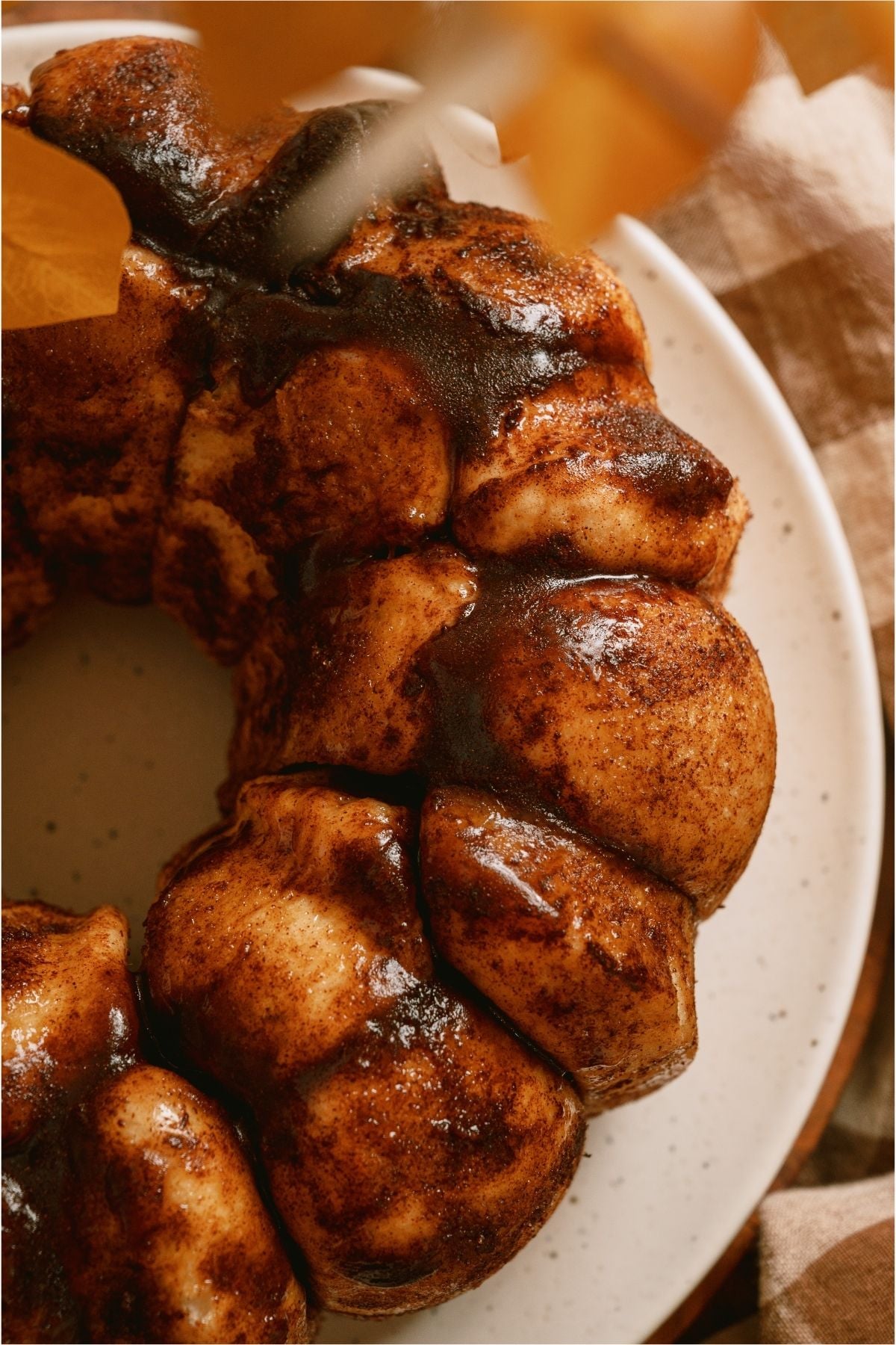 Close up of Mom’s Cinnamon Pull Apart Bread on a serving plate.