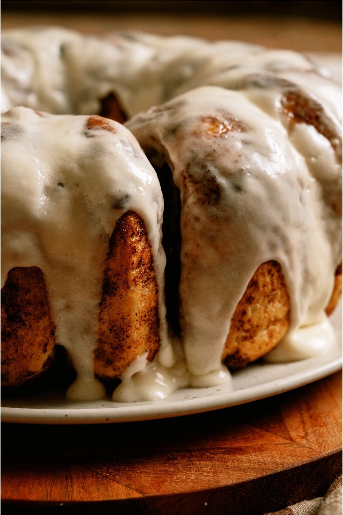 Close up of Mom’s Cinnamon Pull Apart Bread with icing.