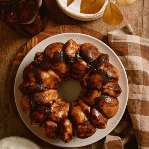 Top view of Mom’s Cinnamon Pull Apart Bread on a serving plate.