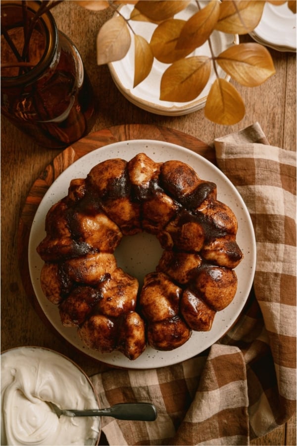 Top view of Mom’s Cinnamon Pull Apart Bread on a serving plate.