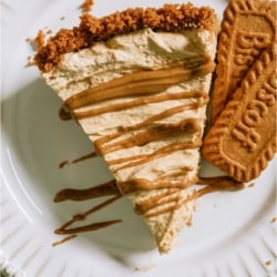 Top view of a slice of No Bake Biscoff Cheesecake on a plate with some biscoff cookies.