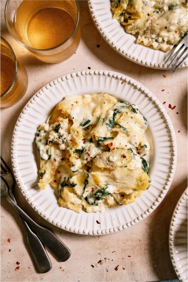 A serving of Sheet Pan Lasagna on a plate.